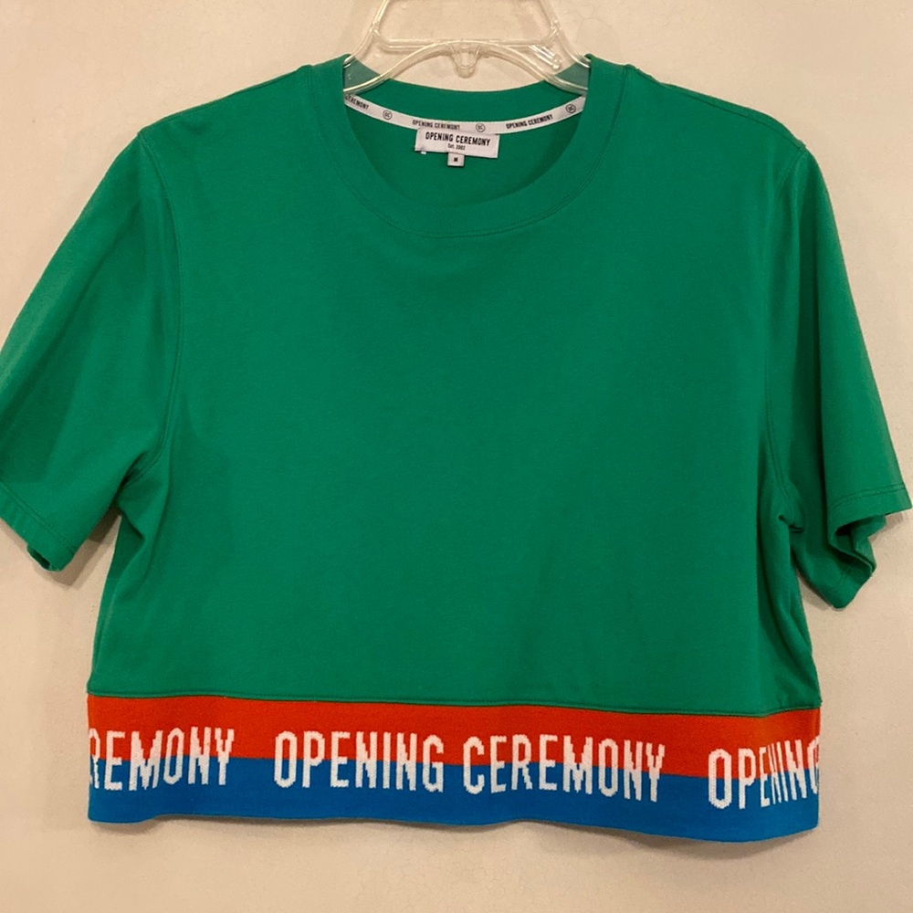 OPENING CEREMONY brand new ladies green cropped T-shirt with logo band in size M